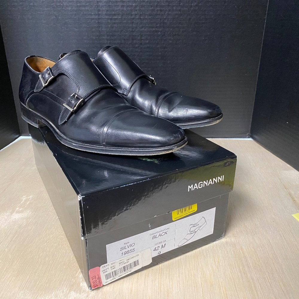 Magnanni Size 9 SILVIO Double Monk Strap Shoes Black Leather With Box